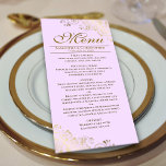 Menú Elegantes tonterías de oro en el Boda Lilac Purple<br><div class="desc">Este bonito menú le dará un toque de elegancia a la recepción de bodas. Presenta un bonito diseño con adornos de Relieve metalizado dorado y rizos en un fondo morado de color lila pálido. Hay espacio para los nombres de la pareja y la fecha del boda, y el texto es...</div>