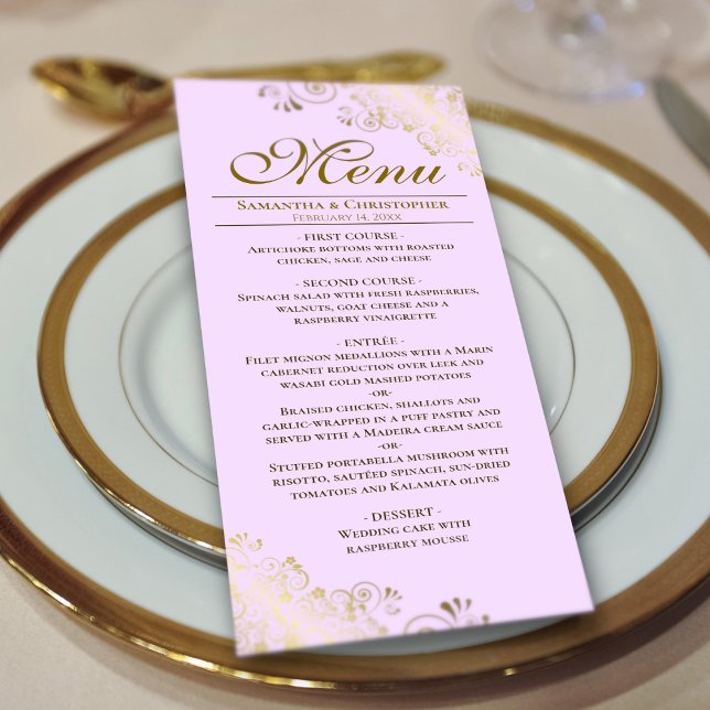 Menú Elegantes tonterías de oro en el Boda Lilac Purple (On Plate)