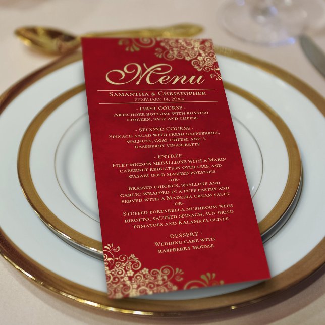 Menú Elegantes tonterías de oro en el Boda rojo Crimson (On Plate)