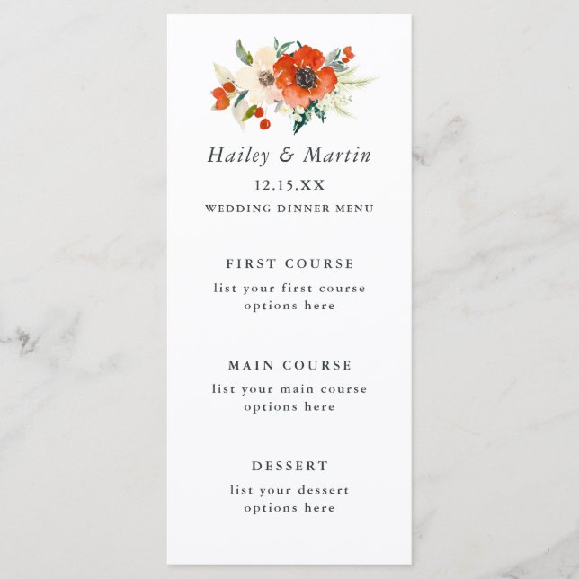 Menú Elegantes tradiciones carta Boda floral (Anverso)