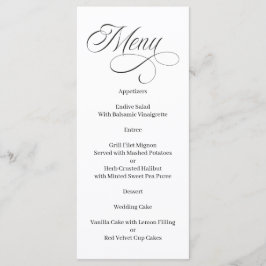 Menú en blanco y negro con caligrafía elegante