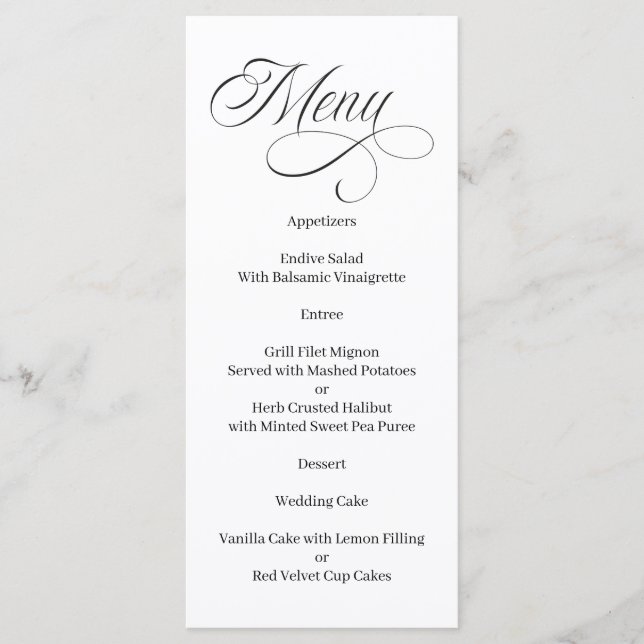Menú en blanco y negro con caligrafía elegante (Anverso)