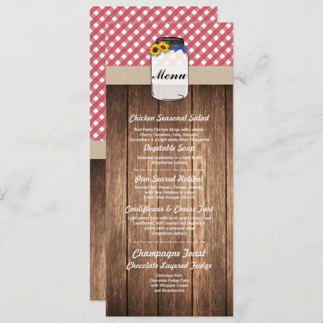 Menú en Tarro Boda Recepción Girasol Cuadro Rojo (Anverso / Reverso)