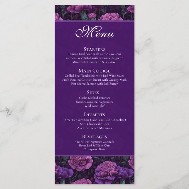 Menú Encantador Amuleto de Clavel Morado Personalizado  (Anverso)