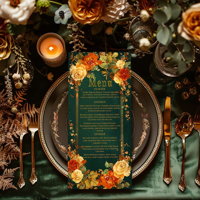 Menú Encantador Boda inspirado en el druso verde y Nara (elegant wedding menu design, Celtic-inspired wedding stationery, autumn wedding menu, nature-themed )