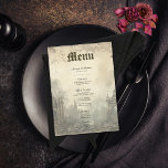 Menú Escenas Gothic Moody Crema vintage y Boda negro<br><div class="desc">Entrar en un mundo de obscuro encanto con nuestro menú gótico de mesa, una colección asombrosamente bella que abraza el encanto de lo misterioso. Este hotel de diseño exquisito presenta una variedad de escenas oscuras y divertidas, con arcos de la catedral gótica que evocan un sentido de grandeza antigua, acompañados...</div>