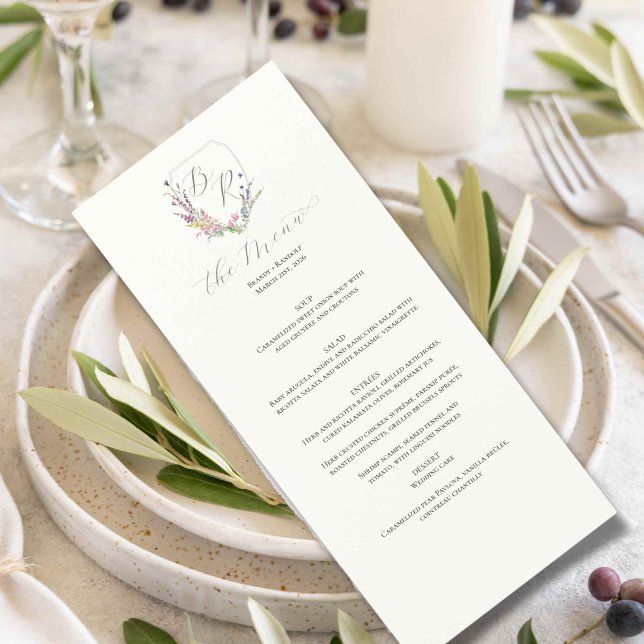 Menú Escudo de flores silvestres de color agua (Wildflower menu  for a wedding place setting)