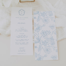 Menú Escudo de Monograma Azul Vintage Boda Floral