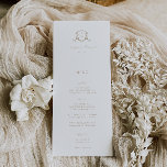 Menú Escudo de Vines sin tiempo y gracias<br><div class="desc">Elegante escudo de boda de monograma vintage adornado botánico en beige,  carta y carta de agradecimiento. Características,  moderna tipografía beige con menú al frente y mensaje de agradecimiento al fondo.</div>