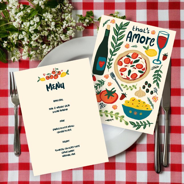 Menú Eso es más PERSONALIZADO sincera de amor por la co (That's Amore Italian Food Love Whimsical CUSTOM MENU Wedding Engagement Anniversary Menu
)