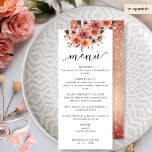 Menú español, Rosa de oro y Rubor con flores rosad<br><div class="desc">Deléitese con esta exquisita tarjeta de menú en español. También disponible en inglés. Diseñar coordinando nuestras invitaciones para eventos Rosa Gold. El diseño es independiente, con una decoración floral única de color rosa, melocotón y champán, y en la parte inferior encontrarás tu nombre y fecha. Detalle de tipografía manuscrita manuscrita....</div>