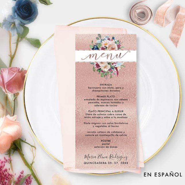 Menú Español, Rosa Pastel Floral Quinceañera (Subido por el creador)