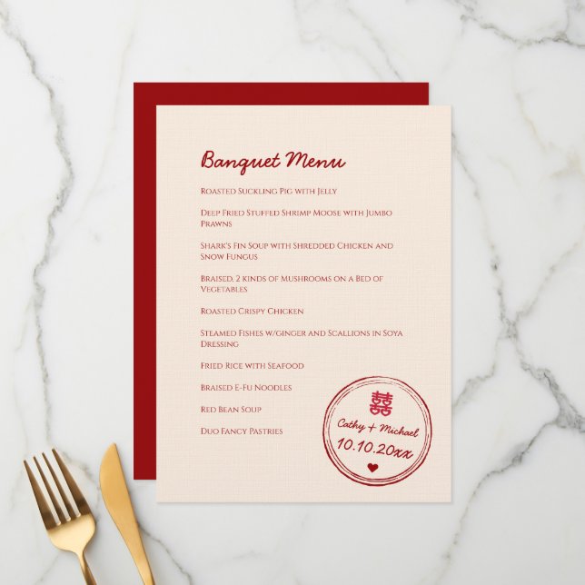 Menú Estampilla de doble felicidad de boda chino rosa r (Anverso/Reverso In Situ)