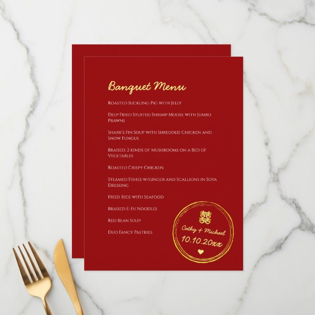 Menú Estampilla de doble felicidad del boda chino rojo (Anverso/Reverso In Situ)
