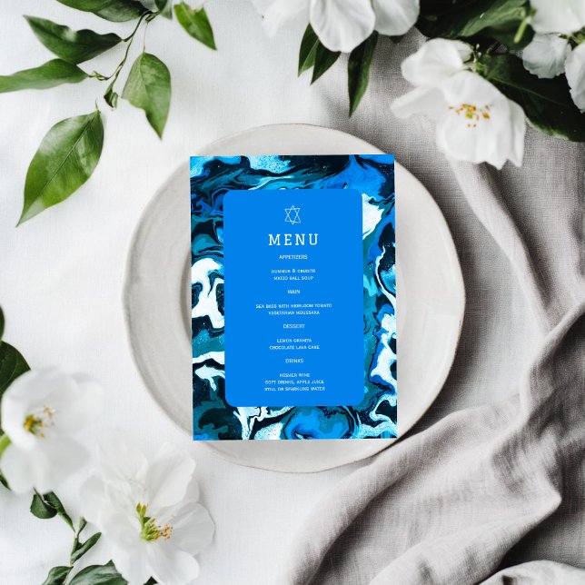 Menú Estrella Azul de David en Canica Personalizada par (Blue Marble Star of David Custom Bar Bat Mitzvah Jewish Wedding Event  Menu
)