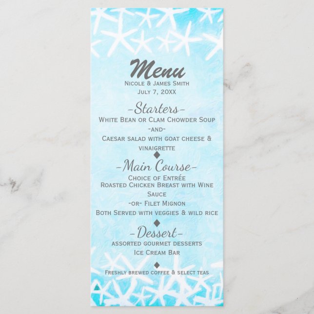 Menú Estrella de mar pintada azul acuático Bodas de pla (Anverso)
