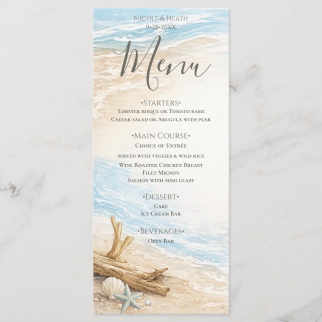 Menú Eterntal Tides Coastal Watercolor Beach Wedding (Anverso)