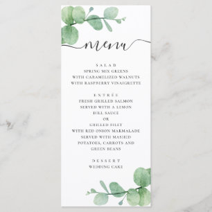 Menú Eucalipto acuarela. Boda con letra elegante