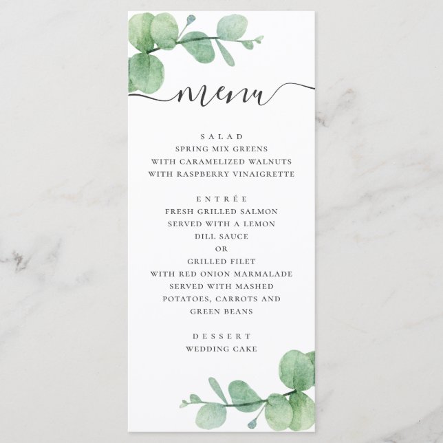 Menú Eucalipto acuarela. Boda con letra elegante (Anverso)