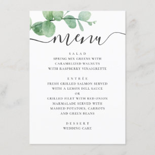 Menú Eucalipto acuarela. Boda de guión elegante