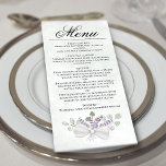 Menú Eucalipto de color de agua y una elegante boda de<br><div class="desc">Una bonita carta boda con un rústico diseño de moda boho con fondo azul de acero marcado, un título de caligrafía de guión, un cúmulo de hojas de eucalipto de acuarela pintadas a mano y flores de lavanda en tonos verde sabio y violeta claro. El texto está completamente en personalizable...</div>