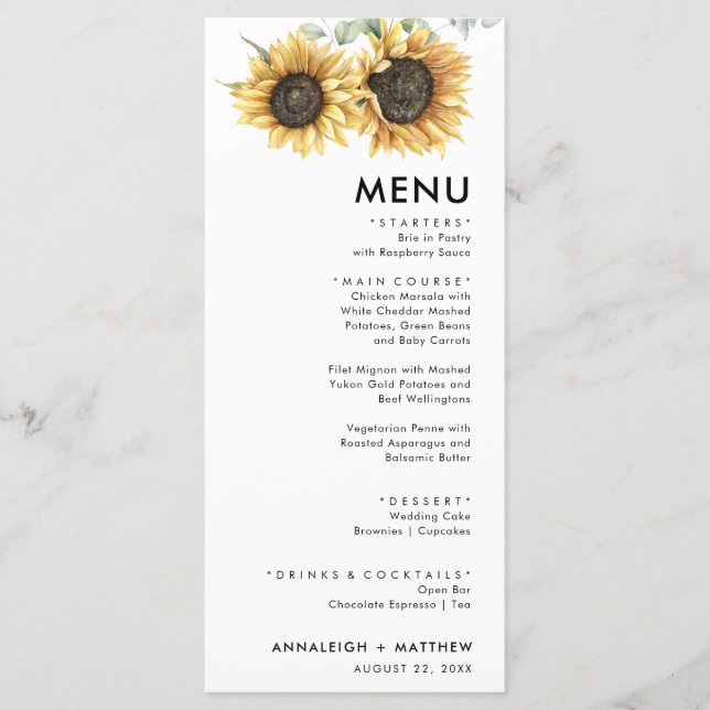 Menú Eucalipto de girasol floral Boda moderno (Anverso)