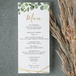 Menú Eucalipto de verde con Boda de marco geométrico de<br><div class="desc">Diseñado para coordinar con nuestra colección de bodas de vegetación mixta,  este menú personalizable presenta un marco geométrico dorado con vegetación acuática y texto dorado y gris. Para realizar cambios avanzados,  vaya a la opción "Hacer clic en el personalizar más adelante" en Personalizar esta plantilla.</div>