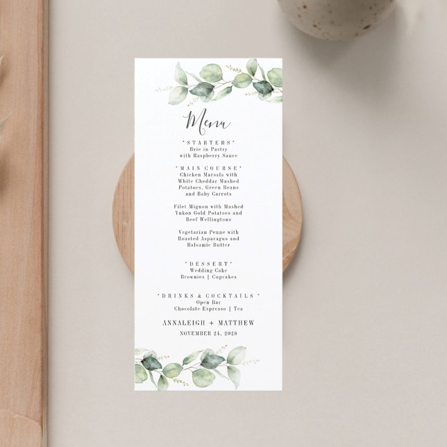 Menú Eucalipto minimalista deja una elegante boda (Eucalyptus Greenery Wedding Menu Card)