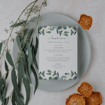 Menú Eucalyptus Escudo | Boda de acuarela de hojas verd<br><div class="desc">La carta boda,  sencilla y de moda,  incluye hojas de eucaliptos de color verde en un fondo blanco y limpio con un guión moderno escrito a mano.</div>