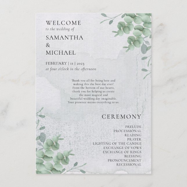 Menú Eucalyptus floral minimal modern program wedding (Anverso)