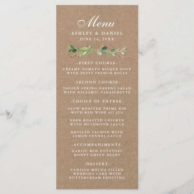 Menú Eucalyptus Greenery Boda Kraft (Anverso)