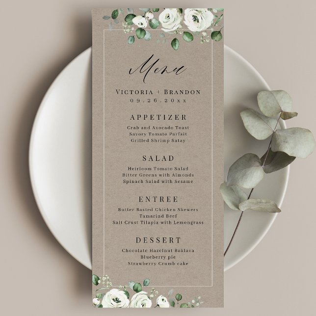 Menú Eucalyptus Greenery boda rústico floral blanca (Eucalyptus Greenery white floral rustic wedding Menu)