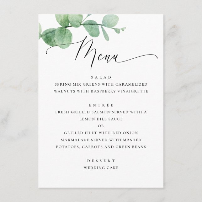 Menú Eucalyptus Greenery Garden Wedding. Elegant Script (Anverso)