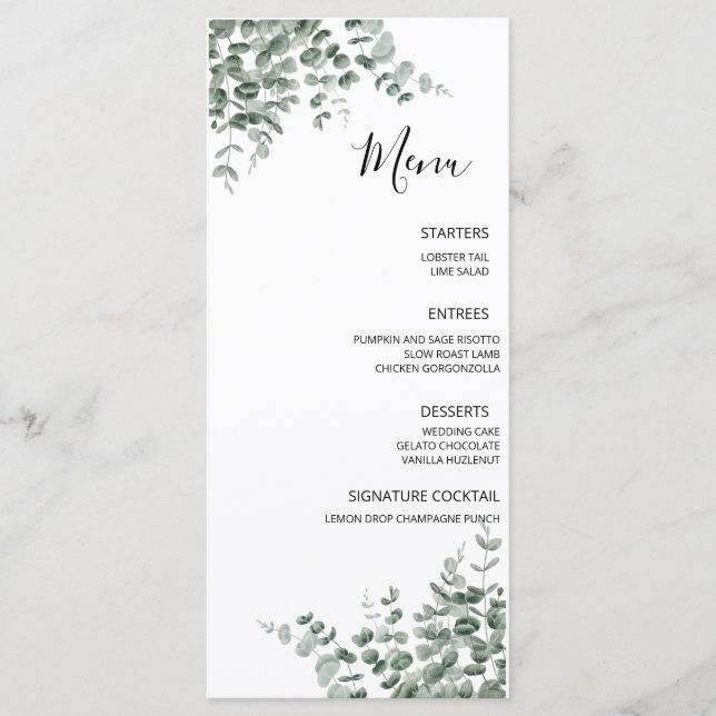 Menú Eucalyptus Rustic Greenery Boda (Anverso)