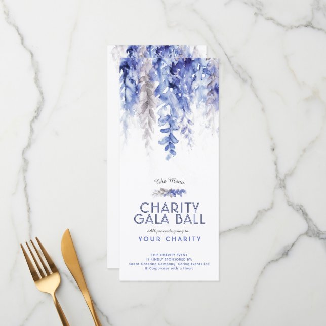 Menú Evento benéfico de gala azul acuarela (Anverso/Reverso In Situ)