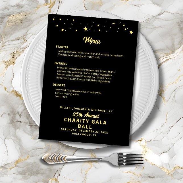 Menú Evento de la Compañía de Bola de Gala de Caridad E (Charity Gala Ball Company Event Black Gold Elegant Menu with Gold Stars, Menu Choices, Event Details)