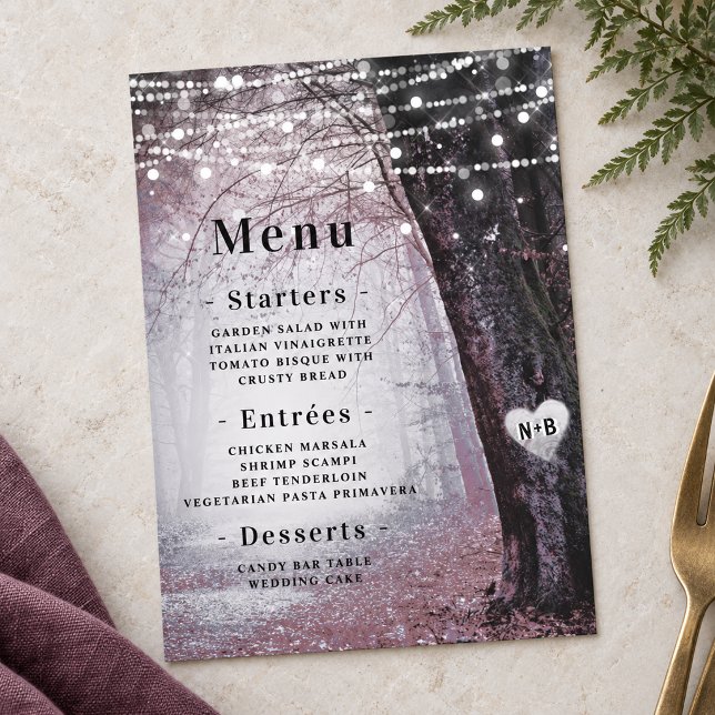 Menú Evermore | Bosque Encantado de Hadas | Cena de Col (Mauve Evermore enchanted forest dinner menu, shown with coordinated wedding styling. Decorative props are not included.)