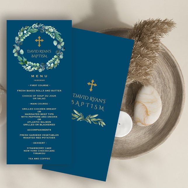 Menú Exuberante Eucalyptus Greenery Wreath Gold Boy Bap (baptism menu, boy eucalyptus wreath menu, )