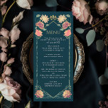 Menú Fantasía Encantada Boda de Jardín Floral<br><div class="desc">Este elegante y caprichoso diseño de jardín floral encantado de fantasía es perfecto para una celebración con temática forestal encantada o para un fiesta de jardín. El diseño presenta elementos florales rosas y violetas en un marco de hojas verdes y acentos dorados con un fondo verde azulado. Artículos coincidentes en...</div>