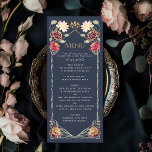 Menú Fantasía Encantada Boda de Jardín Floral<br><div class="desc">Este elegante y caprichoso diseño de jardín floral encantado de fantasía es perfecto para una celebración con temática forestal encantada o para un fiesta de jardín. Este diseño presenta elementos florales rosas y rojas en un marco de hojas verdes y acentos dorados sobre un fondo azul. Artículos coincidentes en nuestra...</div>