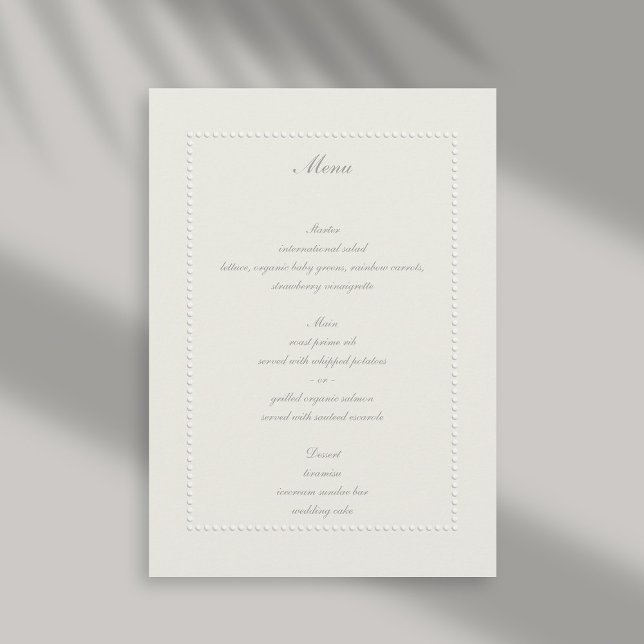 Menú Faux Grabado en relieve Marco Beaded Ecru Elegant  (formal wedding menu faux embossed beaded frame ecru linen classic traditional elegant)