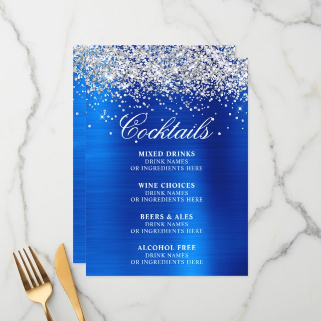 Menú Faux Silver Glitter Royal Blue Foil Cocktails Bar (Anverso/Reverso In Situ)