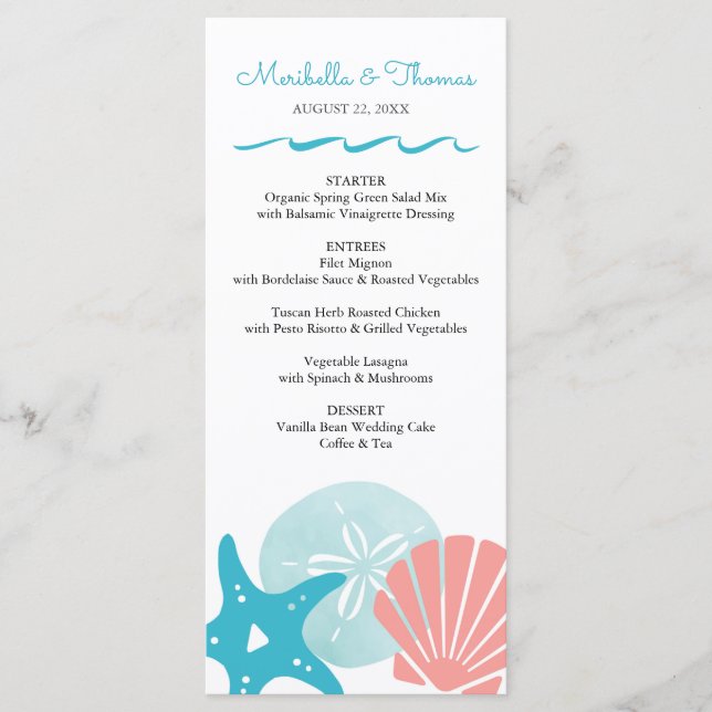 Menú Feliz mar | Boda de las Aguas Marinas Tropicales (Anverso)