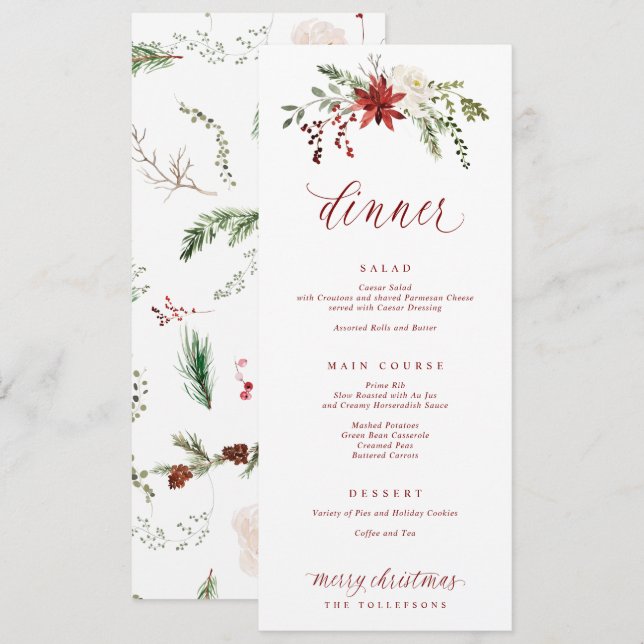 Menú Festive Elegant Watercolor Christmas Dinner (Anverso / Reverso)