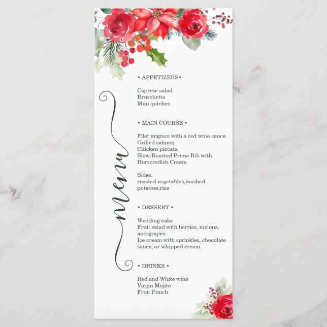 Menú Festive Watercolor Rose Poinsettia Holiday Wedding (Anverso)