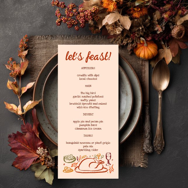 Menú Festividad de Día de Acción de Gracias (Whimsical Thanksgiving Friendsgiving Holiday CUSTOM Autumn Menu
)