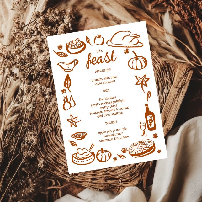 Menú Festividad de Día de Acción de Gracias - CUSTOM (Whimsical Thanksgiving Friendsgiving Holiday CUSTOM Hand Drawn Doodle Menu
)