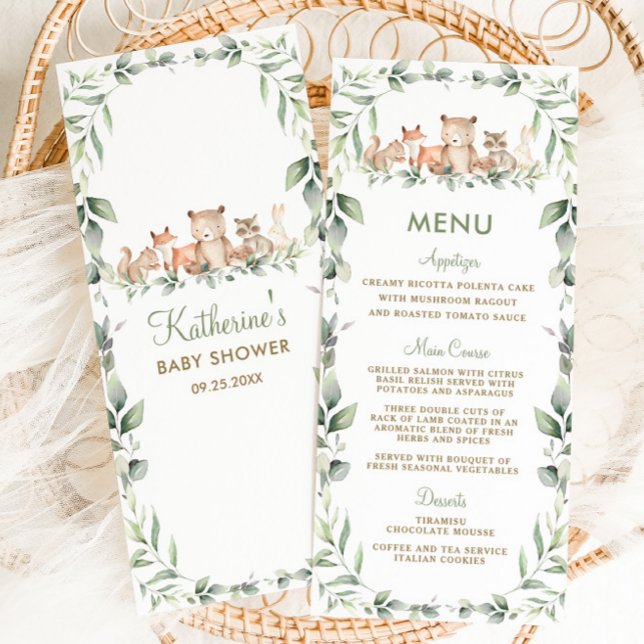 Menú Fiesta Baby Shower de Woodland Animals Greene (woodland animals greenery bear fox raccoon squirrel rabbit gender neutral baby shower birthday menu)
