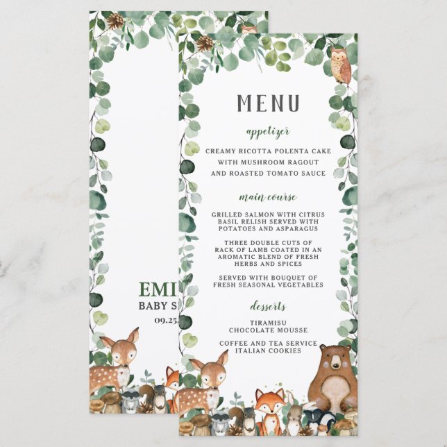 Menú Fiesta Baby Shower de Woodland Animals Greene (Anverso / Reverso)