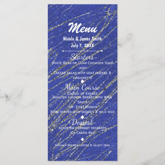 Menú Fiesta Blue & Silver Moderno Glam Marble Stripe (Anverso)